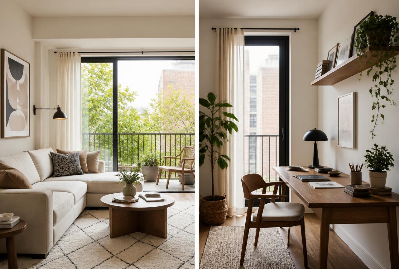 Séjour lumineux avec balcon et espace de travail (démonstration)