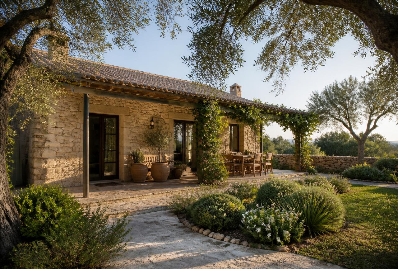 Maison en pierre de plain-pied avec terrasse ombragée (démonstration)